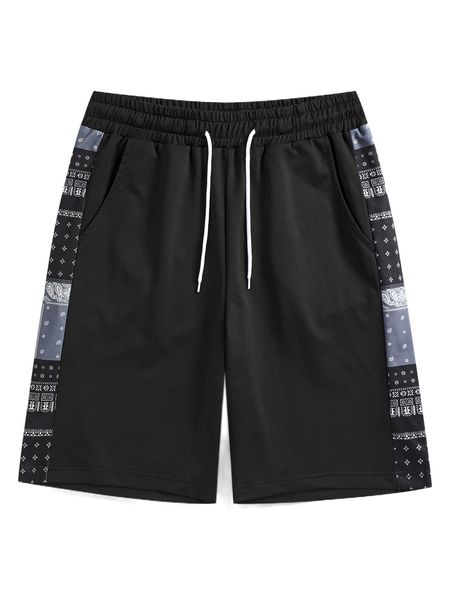 men contrast paisley side seam drawstring waist shorts 29op#, White;black
