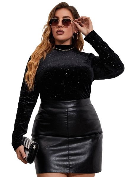 plus sequins velvet tee x8o8#, Black