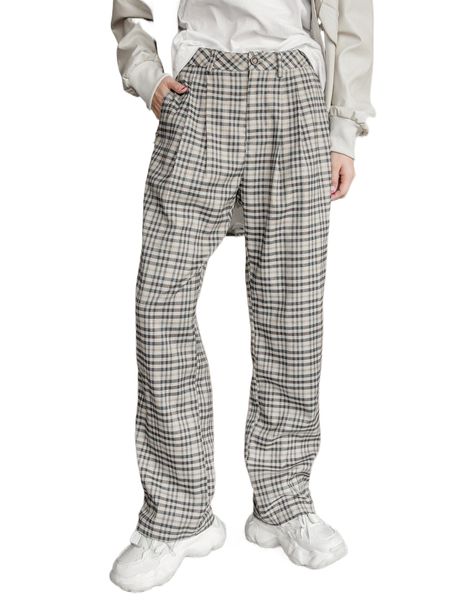 dazy plaid print slant pockets pants k3jb#, Black;white