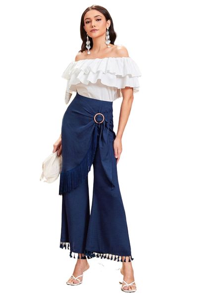 fringe trim flared leg pants b7wa#, Black;white