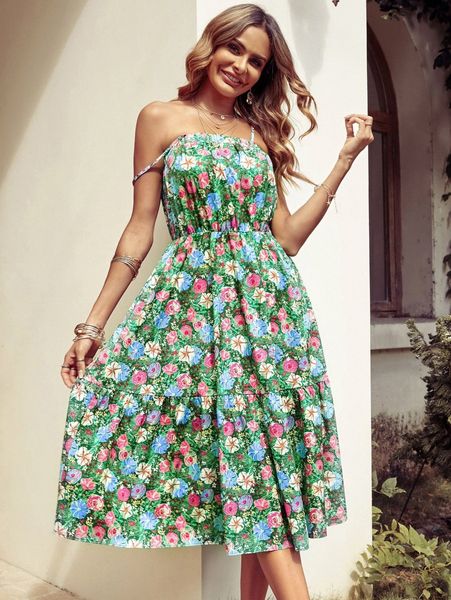 allover floral print ruffle hem cami dress v2yb#, Black;gray