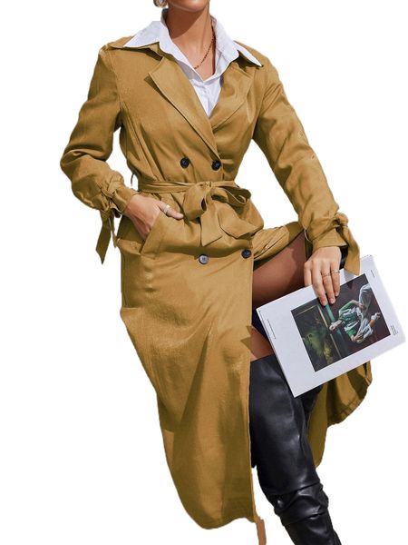 lapel neck double breasted belted trench coat t23q#, Tan;black
lapel neck double breasted belted trench coat t23q#, Tan;black