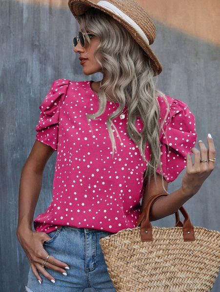 polka dot puff sleeve blouse z6ex#, White