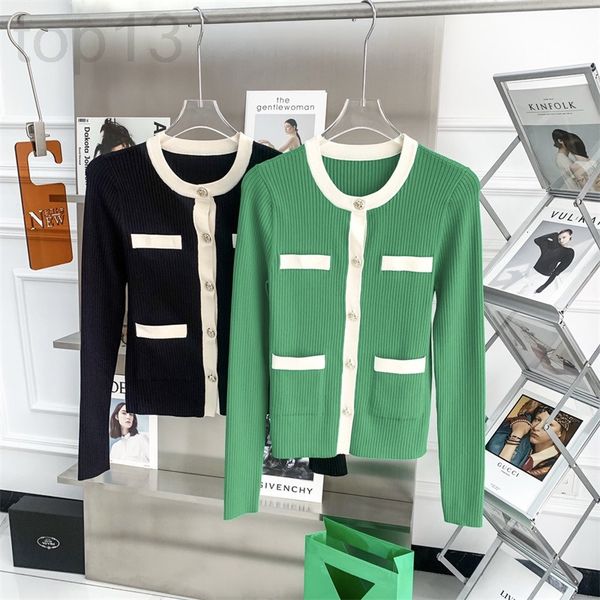 women's knits & tees designer moc * 22 spring new design sense round neck contrast color elastic slim fit sweater single breasted cardi, White 
women's knits & tees designer moc * 22 spring new design sense round neck contrast color elastic slim fit sweater single breasted cardi, White