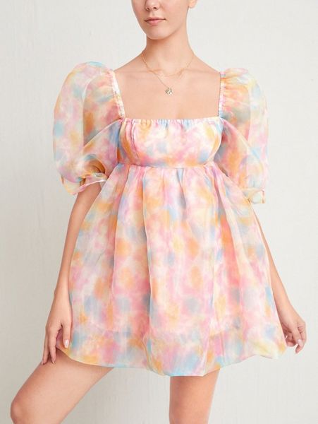 tie dye puff sleeve square neck organza dress k6sx#, Black;gray 
tie dye puff sleeve square neck organza dress k6sx#, Black;gray