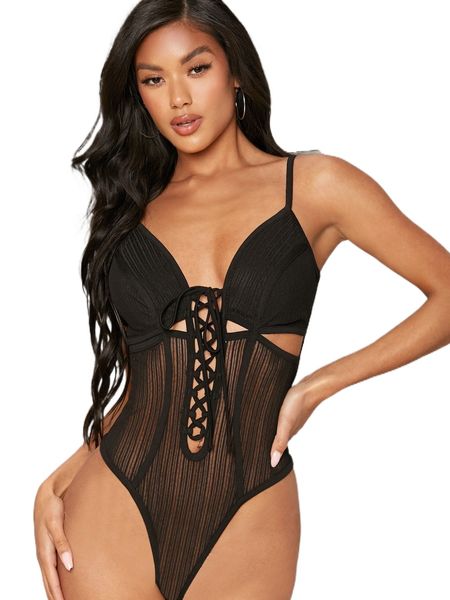 bae lace up front sheer lace cami bodysuit 0662#, White