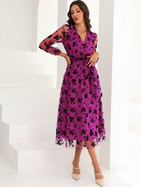 floral print lantern sleeve belted mesh dress w0dw#, Black;gray 
floral print lantern sleeve belted mesh dress w0dw#, Black;gray