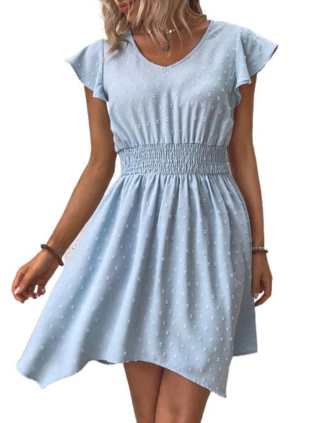 swiss dot butterfly sleeve shirred hanky hem dress s39a#, Black;gray 
swiss dot butterfly sleeve shirred hanky hem dress s39a#, Black;gray