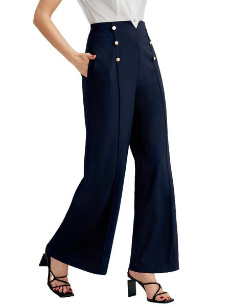 double breasted detail wide leg pants 72kj#, Black;white