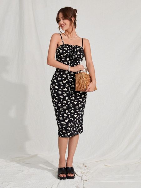 ditsy floral frilled tie front slit back cami dress n06j#, Black;gray