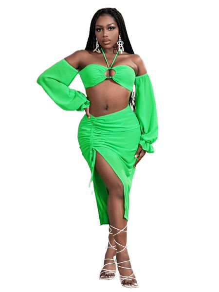 halter off shoulder flounce sleeve crop & drawstring split thigh skirt x9ok#, White
halter off shoulder flounce sleeve crop & drawstring split thigh skirt x9ok#, White