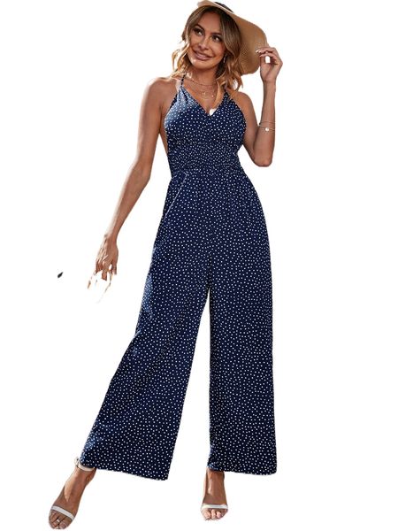 polka dot shirred waist halter neck backless jumpsuit b1hx#, Black;white 
polka dot shirred waist halter neck backless jumpsuit b1hx#, Black;white