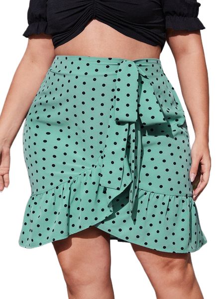 plus polka dot ruffle trim wrap knot side skirt 78yg#, Black