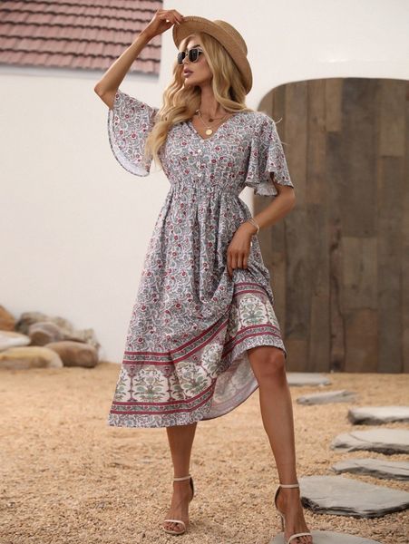floral print butterfly sleeve dress e1xq#, Black;gray
