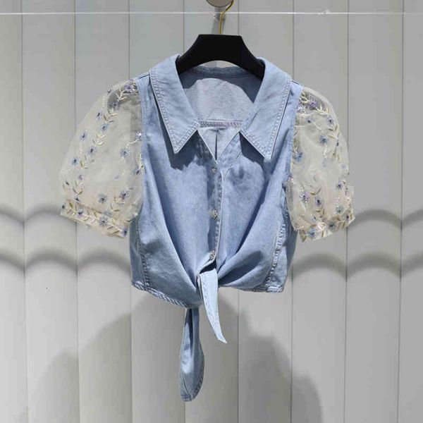 women's polos french minority spring summer denim fashion mesh splicing women's knot short shirt sleeve, White
women's polos french minority spring summer denim fashion mesh splicing women's knot short shirt sleeve, White