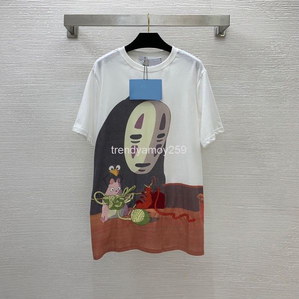 women's t-shirt early spring chihiro mask faceless man print embroidery back loose t-shirt, White
women's t-shirt early spring chihiro mask faceless man print embroidery back loose t-shirt, White