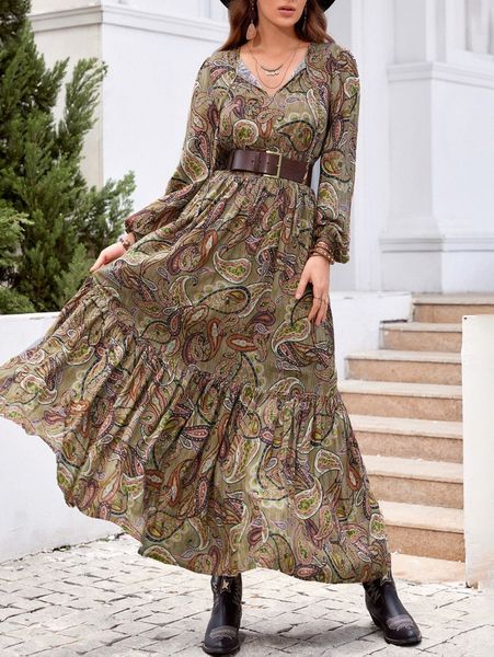 rusttydustty paisley print shirred waist ruffle hem dress without belt h3q7#, Black;gray
rusttydustty paisley print shirred waist ruffle hem dress without belt h3q7#, Black;gray