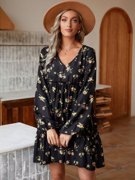 floral print frill trim lantern sleeve dress r9dh#, Black;gray