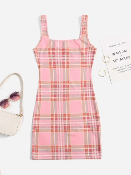 plus plaid tank bodycon dress l1mj#, Black