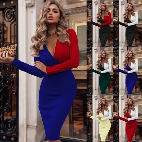 european and american women's dress deep v fold color matching hip skirt bag skirt dres party dress 220509, Black;gray
european and american women's dress deep v fold color matching hip skirt bag skirt dres party dress 220509, Black;gray