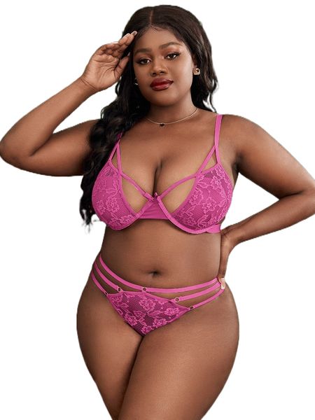 plus floral lace cut out underwire lingerie set v62x#, Black;white