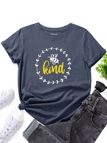 bee & letter graphic tee e67y#, White
