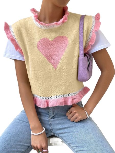 heart pattern ruffle trim sweater vest without tee k73p#, White;black
heart pattern ruffle trim sweater vest without tee k73p#, White;black