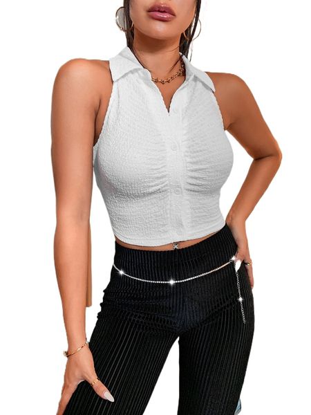button front ruched tank p7hg#, White