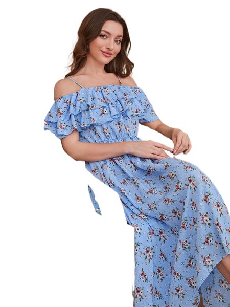 1pc floral print cold shoulder layered ruffle trim dress without belt e5qu#, Black;gray
1pc floral print cold shoulder layered ruffle trim dress without belt e5qu#, Black;gray