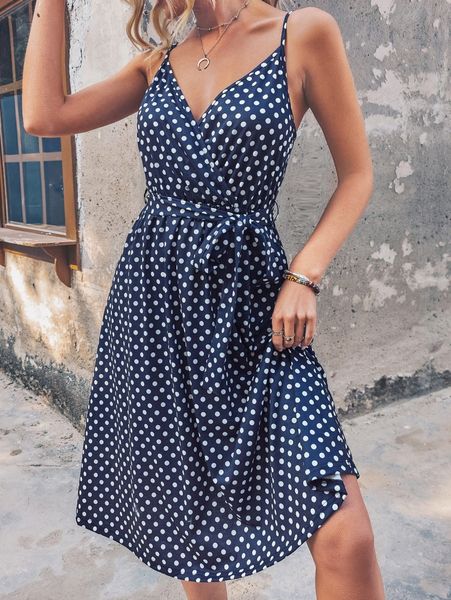 polka dot surplice neck belted cami dress s25q#, Black;gray