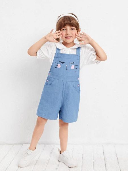 toddler girls cat graphic overall romper she, Blue 
toddler girls cat graphic overall romper she, Blue