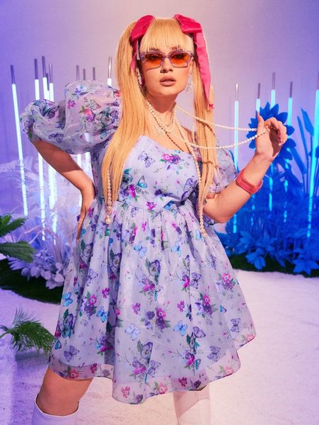 plus butterfly & floral print sheer sleeve dress v5va#, Black
plus butterfly & floral print sheer sleeve dress v5va#, Black