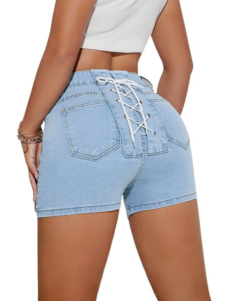 high waist criss cross lace up denim shorts 904a#, White;black
high waist criss cross lace up denim shorts 904a#, White;black