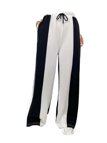 two tone drawstring waist sweatpants d9rw#, Black;white