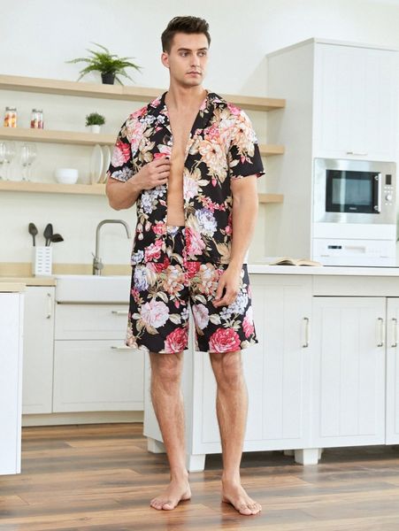 men floral print pj set f2yz#, Black;brown 
men floral print pj set f2yz#, Black;brown