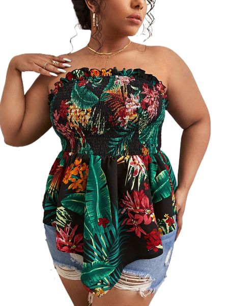 plus tropical print shirred frilled tube p9p0#, Black
plus tropical print shirred frilled tube p9p0#, Black
