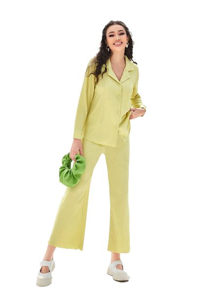 button front lapel neck textured blouse & pants l2xu#, White