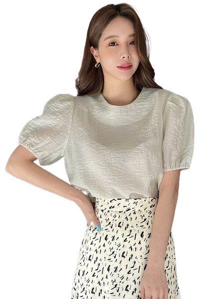 dazy puff sleeve round neck blouse 85aq#, White
