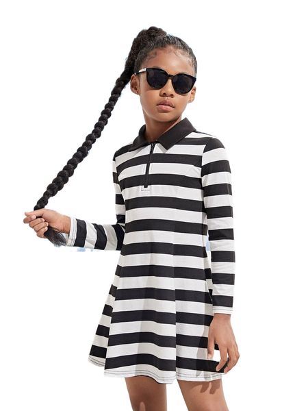 girls striped polo neck dress u0i9#, Black;white