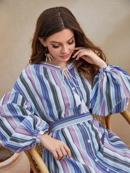 striped print bishop sleeve fringe detail dress t2xa#, Black;gray