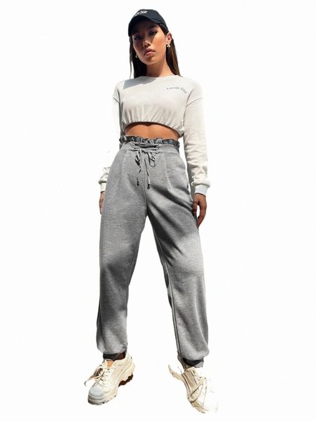 paperbag lace up waist sweatpants g3qz#, Black;white
