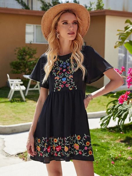 plants embroidered butterfly sleeve smock dress j0cn#, Black;gray 
plants embroidered butterfly sleeve smock dress j0cn#, Black;gray