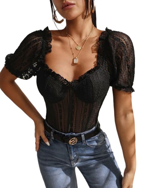 lace insert puff sleeve frill trim bustier bodysuit i7lj#, White
lace insert puff sleeve frill trim bustier bodysuit i7lj#, White