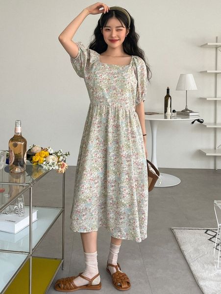 dazy ditsy floral square neck puff sleeve dress q60v#, Black;gray 
dazy ditsy floral square neck puff sleeve dress q60v#, Black;gray