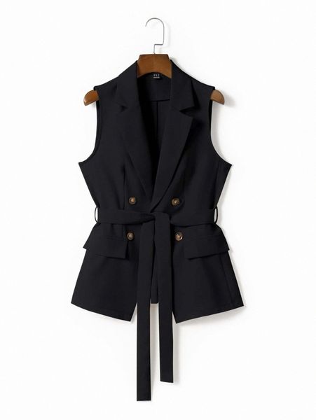 lapel collar double button placket flap detail belted vest blazer 64mn#, White
lapel collar double button placket flap detail belted vest blazer 64mn#, White