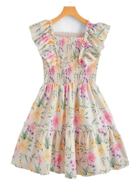 allover floral print shirred bodice ruffle trim dress f9io#, Black;gray