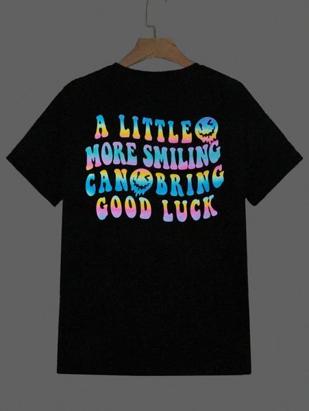 men reflective slogan & cartoon graphic tee 82j6#, White;black