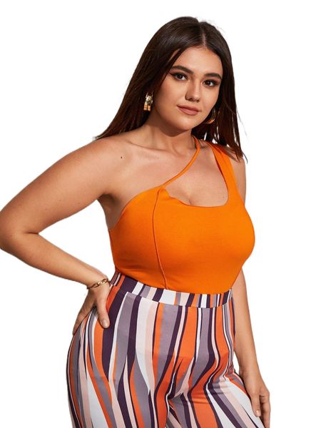 plus neon orange one shoulder seam detail bodysuit 72dk#, Black 
plus neon orange one shoulder seam detail bodysuit 72dk#, Black