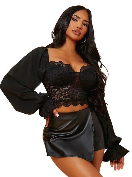 flounce sleeve crop lace panel i4xy#, White 
flounce sleeve crop lace panel i4xy#, White