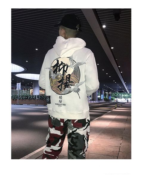 men crane chinese style hip hop hoodie black white